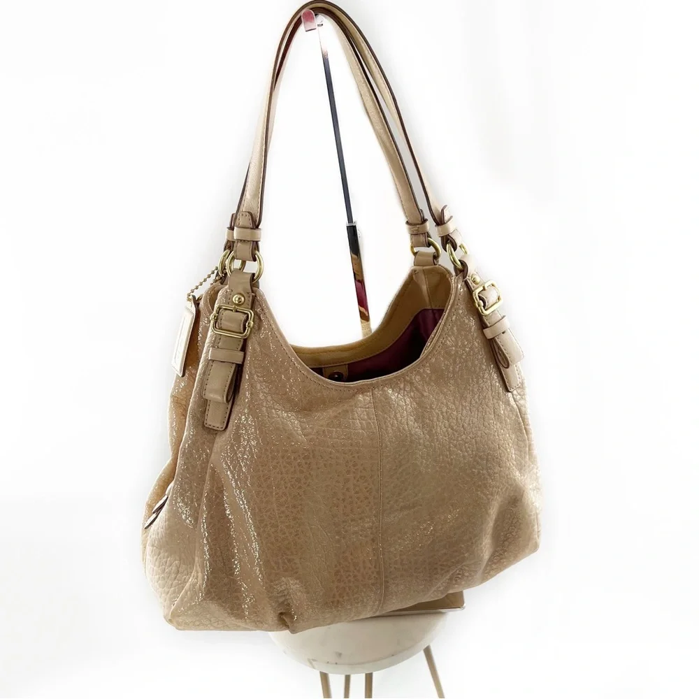 Coach Madison Embossed Gold/Tan Metallic Leather Maggie Shoulder Bag Satchel